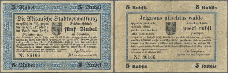 Latvia: Mitau 5 Rubles 1915 Plb. 19a, used with stronger center fold, border tea...