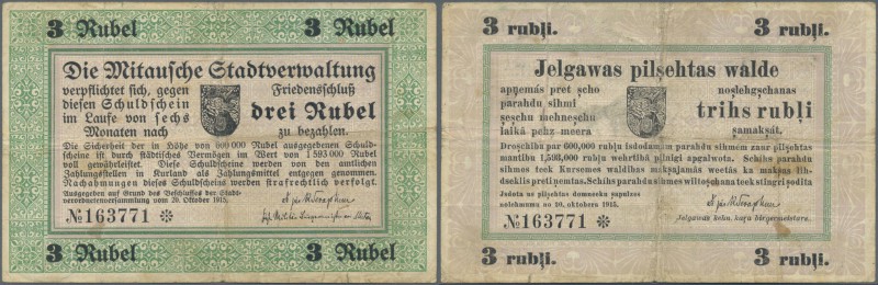 Latvia: Mitau 3 Rubles 1915 Plb. 30d, used with stronger folds, minor center hol...