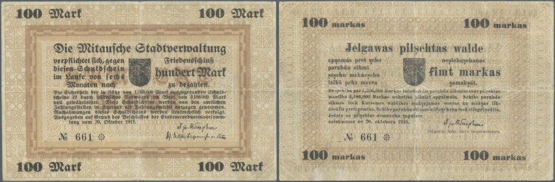 Latvia: Mitau 100 Markas 1915 Plb. 35, pressed and restored note, still very rar...
