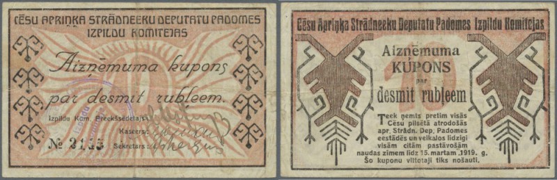 Latvia: Cesis 10 Rubles 1919 R# 14790, used with center and horizontal fold, lig...