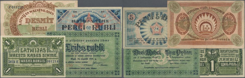 Latvia: small set of 4 notes containing 10 Rubli 1919 (F+), 5 Rubli 1919 (VF-), ...