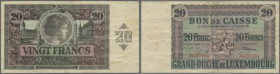 Luxembourg: 20 Francs L.1918 P. 35, rare issue in nice condition for this type, no holes or tears, just vertical and horizontal fold, handling in pape...
