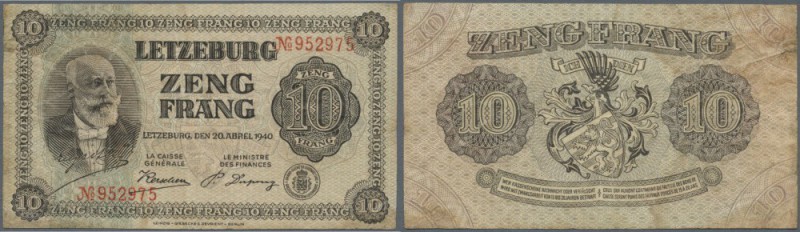 Luxembourg: 10 Frang 1940 P. 41, rare note, several creases in paper, center fol...