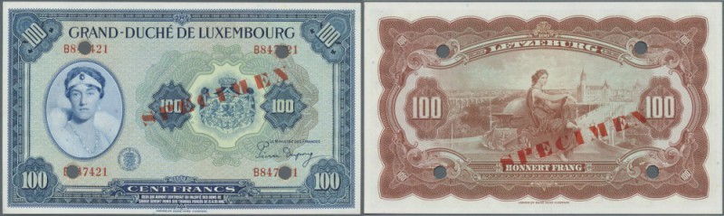 Luxembourg: 100 Francs ND(1944) Specimen P. 47s. This note has a red ”Specimen” ...