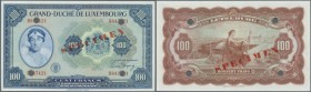 Luxembourg: 100 Francs ND(1944) Specimen P. 47s. This note has a red ”Specimen” overprint on front and back, 4 bank cancellation holes even if it has ...