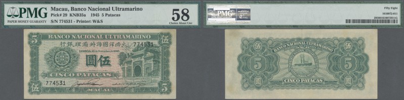 Macau: Banco Nacional Ultramarino 5 Patacas 1945, P.29, great original shape wit...