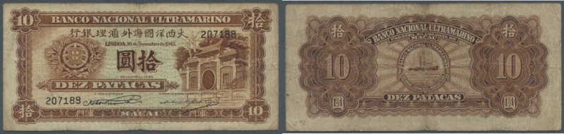 Macau: 10 Patacas 1945 P. 30, seldom seen note in nice condition, used from circ...