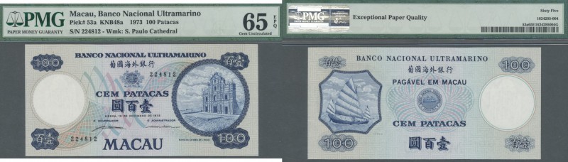 Macau: 100 Patacas 1973, P.53a, highly rare note in excellent condition, PMG gra...
