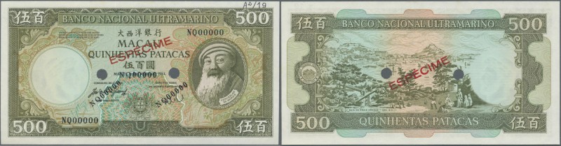 Macau: 500 Patacas 1984 Specimen P. 62s, zero serial numbers, red specimen overp...