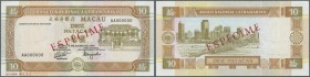 Macau: Banco Nacional Ultramarino 10 Patacas 1991, P.65s in perfect UNC condition