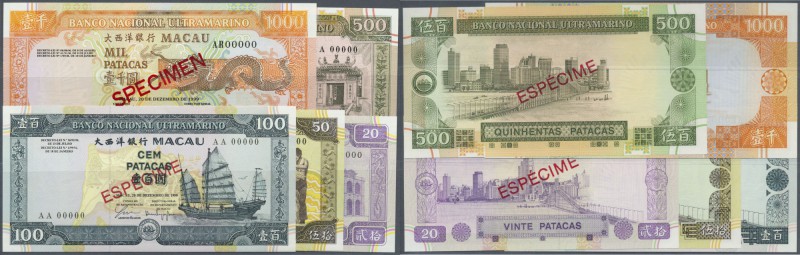 Macau: series of 5 specimen notes containing 20, 50, 100, 500 and 1000 Patacas 1...