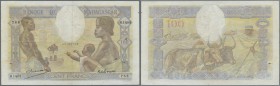 Madagascar: 100 Francs ND(1937) P. 40, used with vertical and horizontal fold, minor pinholes, only one minor 1mm tear at upper border, strong paper w...