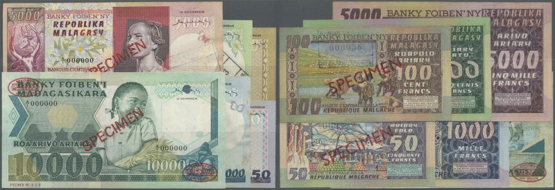Madagascar: set of 6 Specimen banknotes containing 50, 100, 500, 1000, 5000 and ...