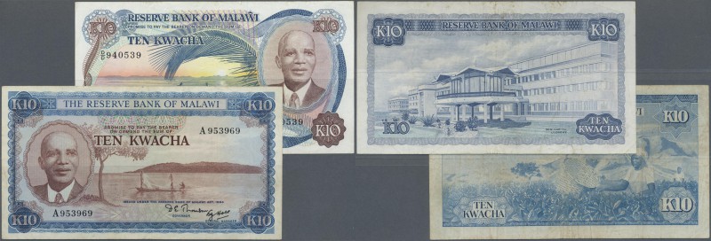 Malawi: set of 2 notes 10 Kwacha L.1964 & 1979 P. 8, 16, both notes used with fo...