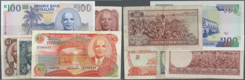 Malawi: Set of 5 different banknotes containing 50 Tambala L.1964 P. 5 (F-), 1 K...