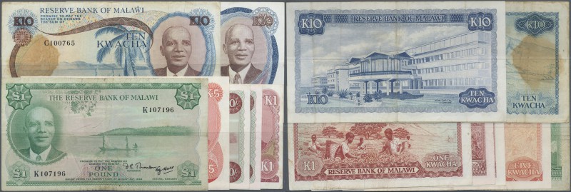 Malawi: set of 7 notes containing 10 Shillings L.1964 (2x), 1 Kwacha 1979, 1 Pou...