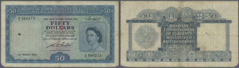 Malaya & British Borneo: 50 Dollars 1953 P. 4a, used with vertical and horizonta...