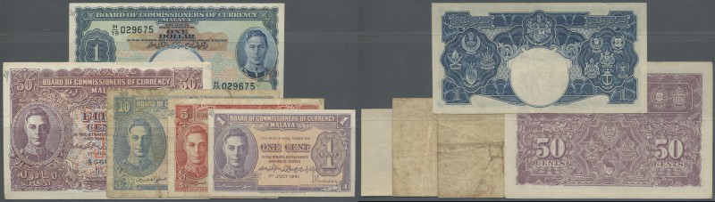 Malaya: small set with 5 Banknotes 1, 5, 10, 50 Cents and 1 Dollar 1941, P.6, 7,...