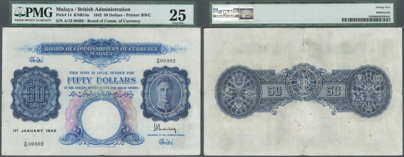 Malaya: 50 Dollars 1942, P.14, highly rare note with several folds, some spots a...