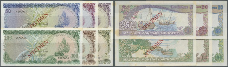 Maldives: set of 6 Specimen notes from 2 to 100 Rupees 1983 P. 9s-14s some with ...