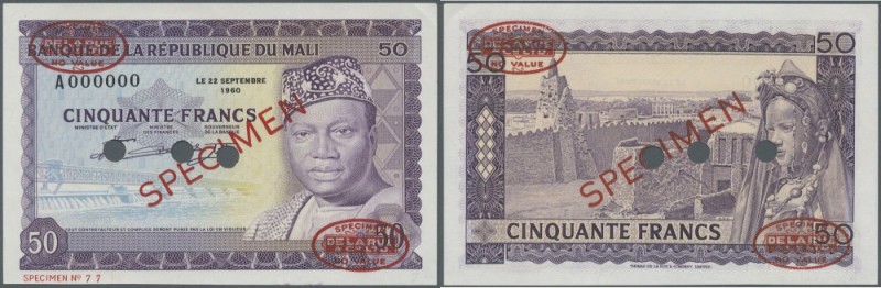 Mali: 50 Francs 1960 Specimen P. 6s. This rare Specimen banknote has oval De La ...