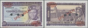 Mali: 50 Francs 1960 Specimen P. 6s. This rare Specimen banknote has oval De La Rue overprints in corners, Specimen number ”77” printed at lower borde...