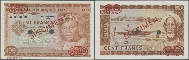 Mali: 100 Francs 1960 Specimen P. 7s. This rare Specimen banknote has oval De La...