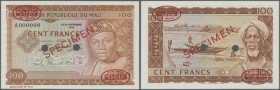 Mali: 100 Francs 1960 Specimen P. 7s. This rare Specimen banknote has oval De La Rue overprints in corners, Specimen number ”66” printed at lower bord...