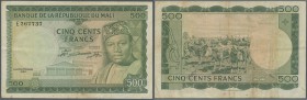 Mali: 500 Francs 1960 P. 8, used with vertical and horizontal folds, no holes or tears, light stain trace at lower border center, still strongness in ...