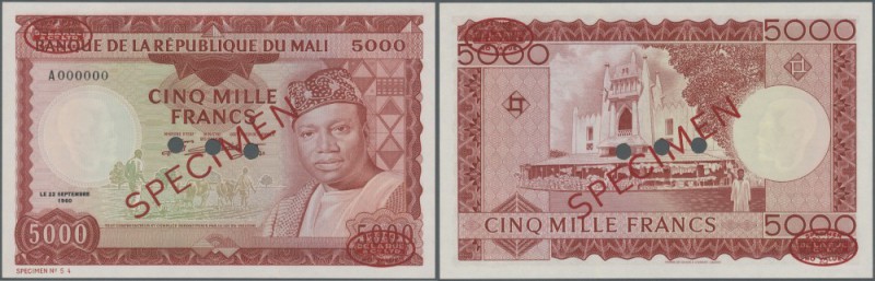 Mali: 5000 Francs 1960 Specimen P. 10s. This rare Specimen banknote has oval De ...