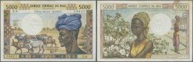 Mali: 5000 Francs ND(1972-84) P. 14e, used with some folds and creases, light stain at upper left but no holes or tears, still much crispness in paper...
