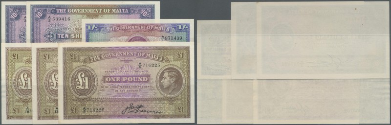 Malta: very nice lot with 6 Banknotes containing 1 Shilling ND(1940 P.16 in UNC,...
