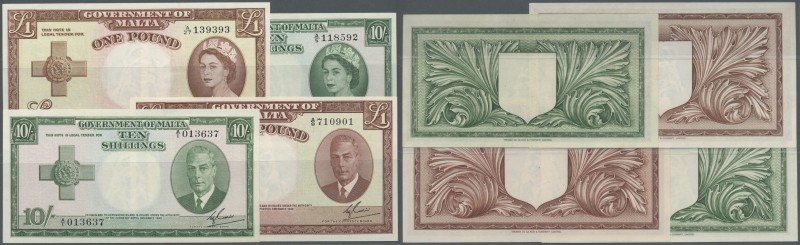 Malta: set with 4 Banknotes containing 10 Shillings and 1 Pound L.1949 George VI...