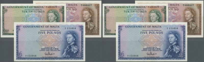 Malta: small set with 3 Banknotes series 1963 with 10 Shillings in aUNC with a f...