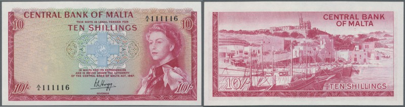 Malta: 10 Shillings L.1967 P. 28 with nice serial number #111116, 3 light dints ...