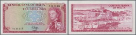 Malta: 10 Shillings L.1967 P. 28 with nice serial number #111116, 3 light dints in paper, condition: aUNC.