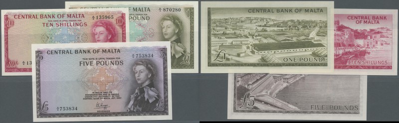 Malta: Lot with 3 Banknotes L. 1967 (1968) issue with 10 Shillings in UNC, 1 Pou...