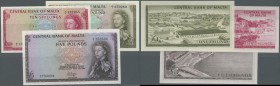 Malta: Lot with 3 Banknotes L. 1967 (1968) issue with 10 Shillings in UNC, 1 Pound in aUNC with very soft vertical bend and 5 Pounds in perfect UNC co...