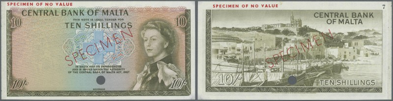 Malta: 10 Shillings L.1967 Color Trial Specimen P. 28ct, glue residuals from att...