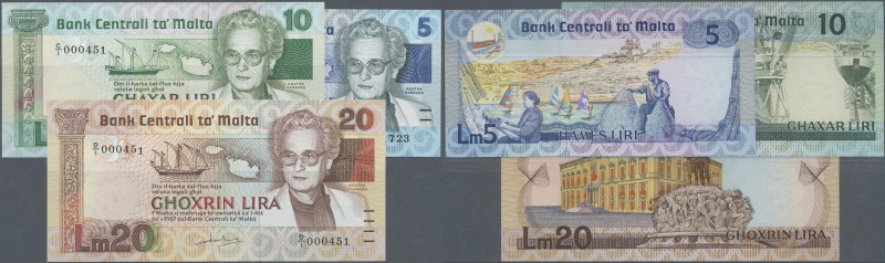 Malta: set of 3 notes containing 5, 10 and 20 Liri L.1967 P. 38-40, all in condi...