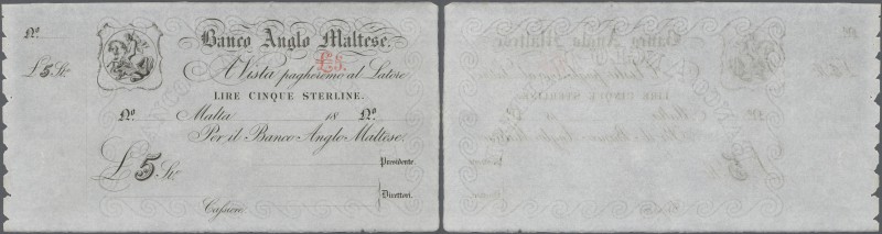Malta: Banco Anglo Maltese 5 Pounds 18xx remainder without date, serial and sign...