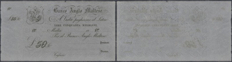Malta: Banco Anglo Maltese unsigned remainder for 50 Pounds ND(1880), P.S116r in...