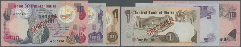 Malta: set of 3 Specimen notes Collectors series with 1, 5 and 10 Lira L.1967 P....