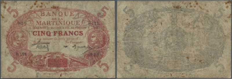 Martinique: 5 Francs 1929 P. 6A, rare early date issue of this note and seldom s...