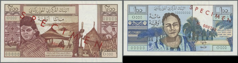 Mauritania: set of 2 Specimen notes containing 100 and 200 Ouguyia 1973 P. 1s, 2...