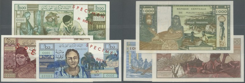 Mauritania: set of 3 Specimen notes containing 100, 200 and 1000 Ouguiya 1973 P....