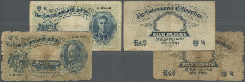 Mauritius: pair with 5 Rupees ND(1930) George V P.20 in poor condition and 5 Rup...