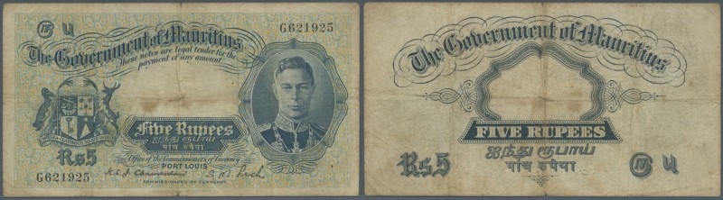 Mauritius: 5 Rupees 1937 P. 22, portrait KG VI, used with stronger center and ho...