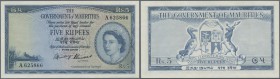 Mauritius: 5 Rupees ND(1954) with signatures: Hinchey & Hurvais, P.27 in excellent condition, just a very very soft vertical bend at center, otherwise...