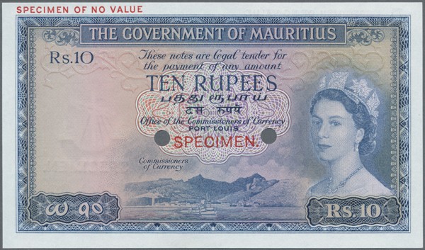 Mauritius: Government of Mauritius 10 Rupees ND(1954) color trial Specimen in bl...